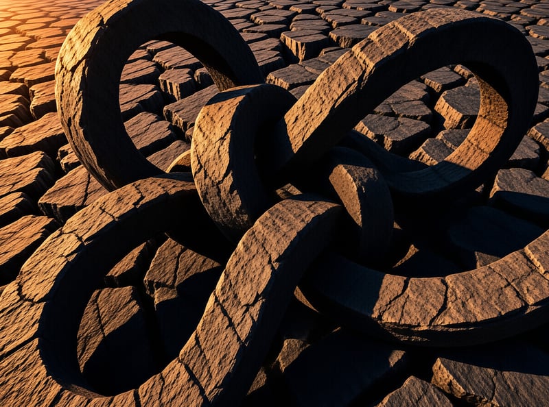 Weathered stone chain links rest upon a vast expanse of sun-baked cracked earth in warm light
