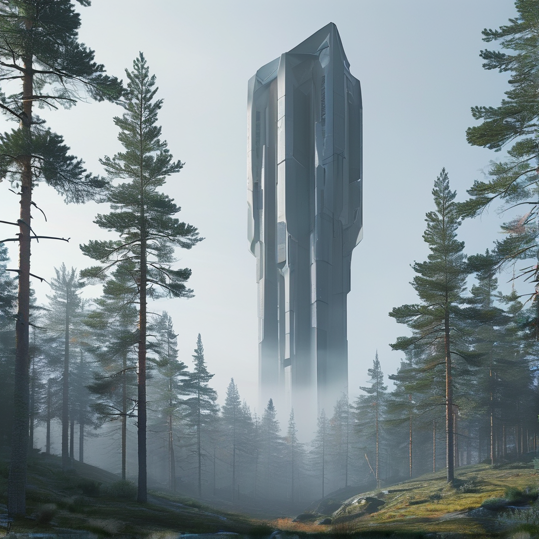 A tall gray angular structure rises from a misty forest of tall pine trees under soft light.