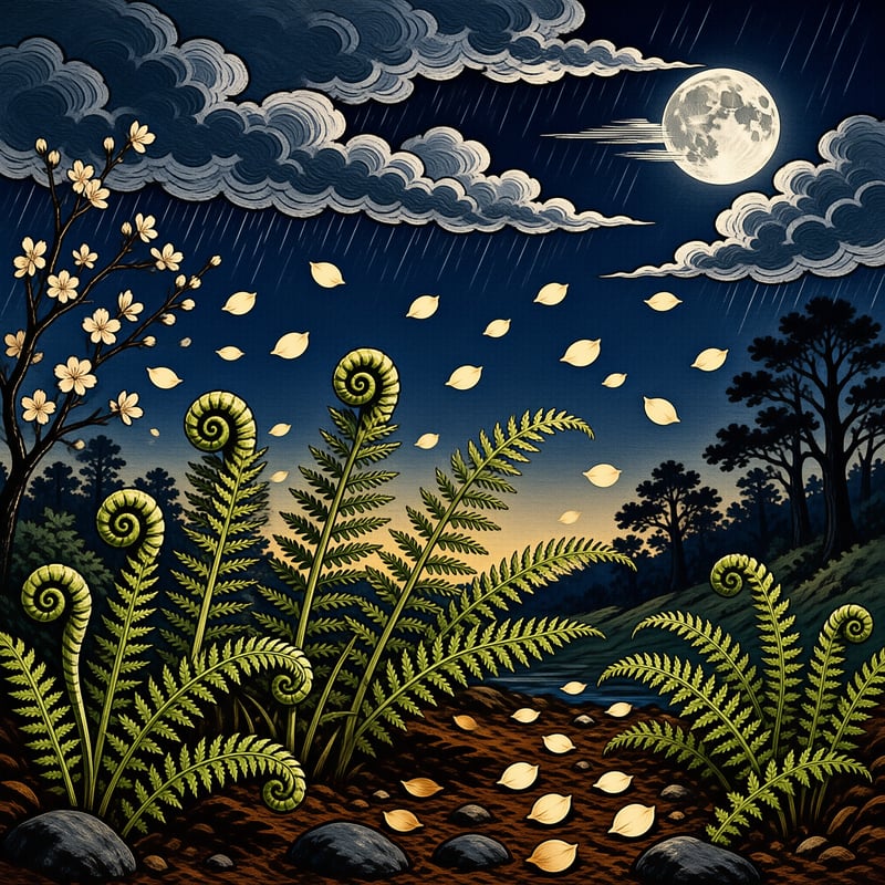 Green ferns with spiral tips stand before a dark blue night sky where yellow leaves float near a bright moon.