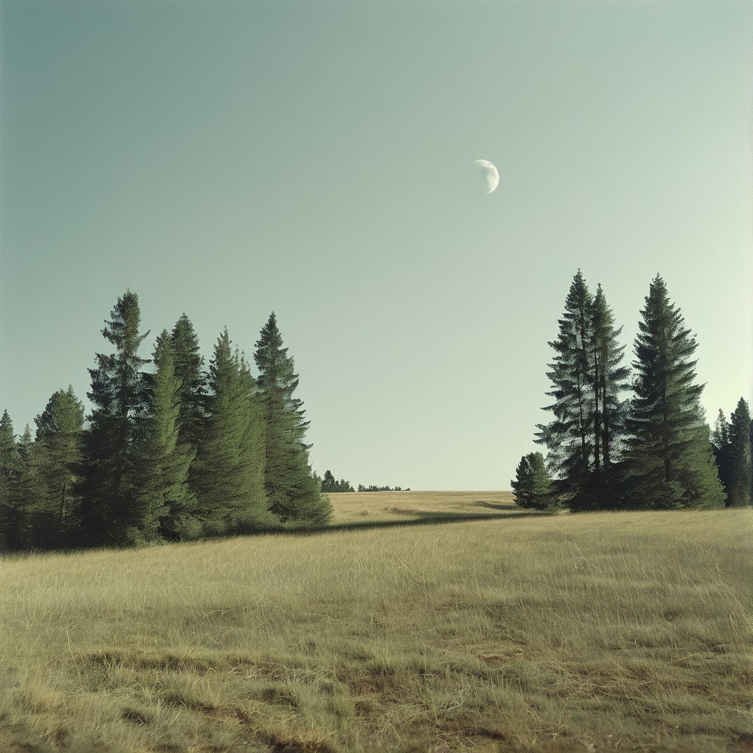 A pale daytime moon hangs in a soft green sky above two clusters of firs in a dry grass field.