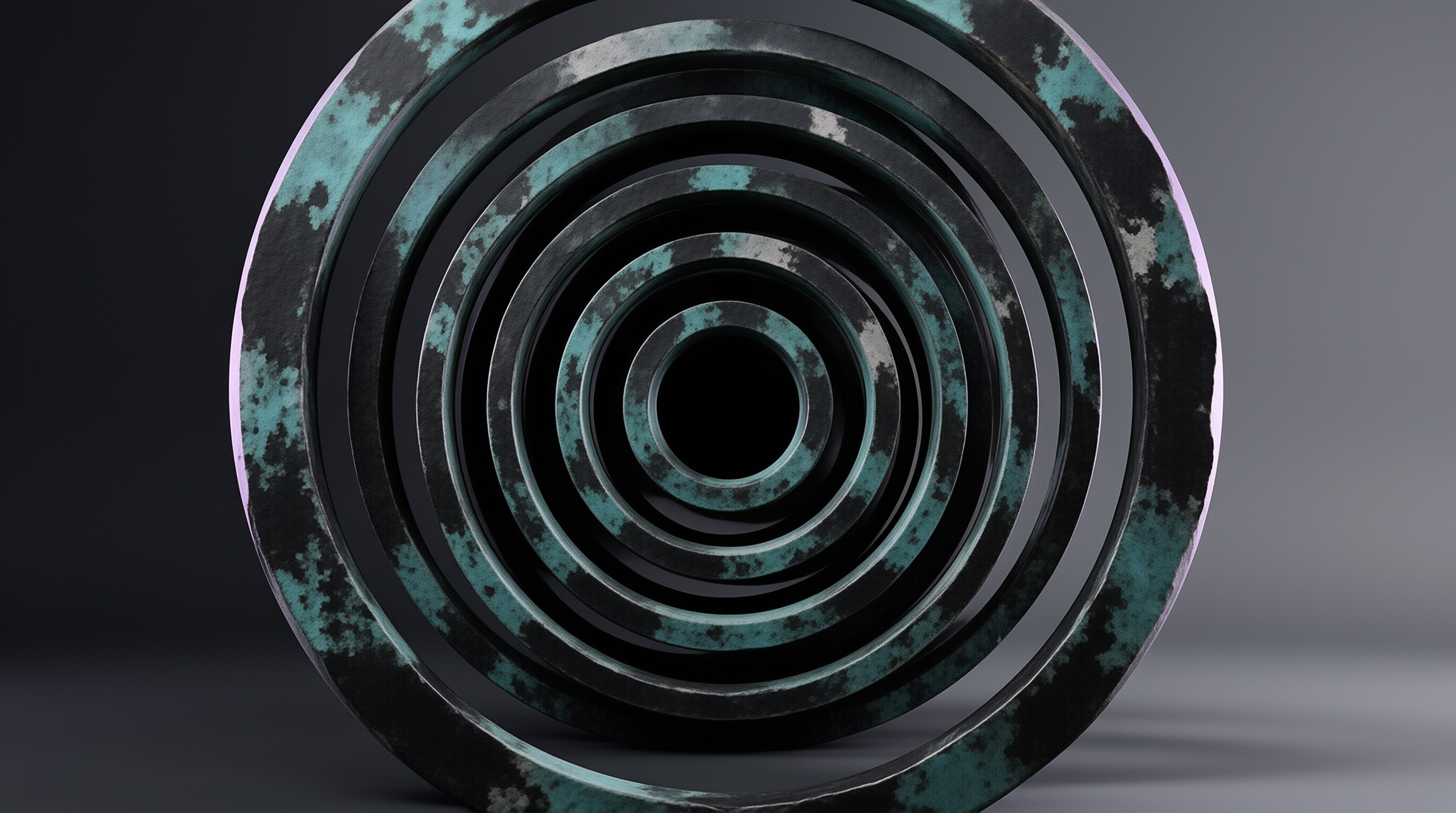 A top-down view of a weathered spiral object featuring concentric rings of dark metal with green oxidation marks.