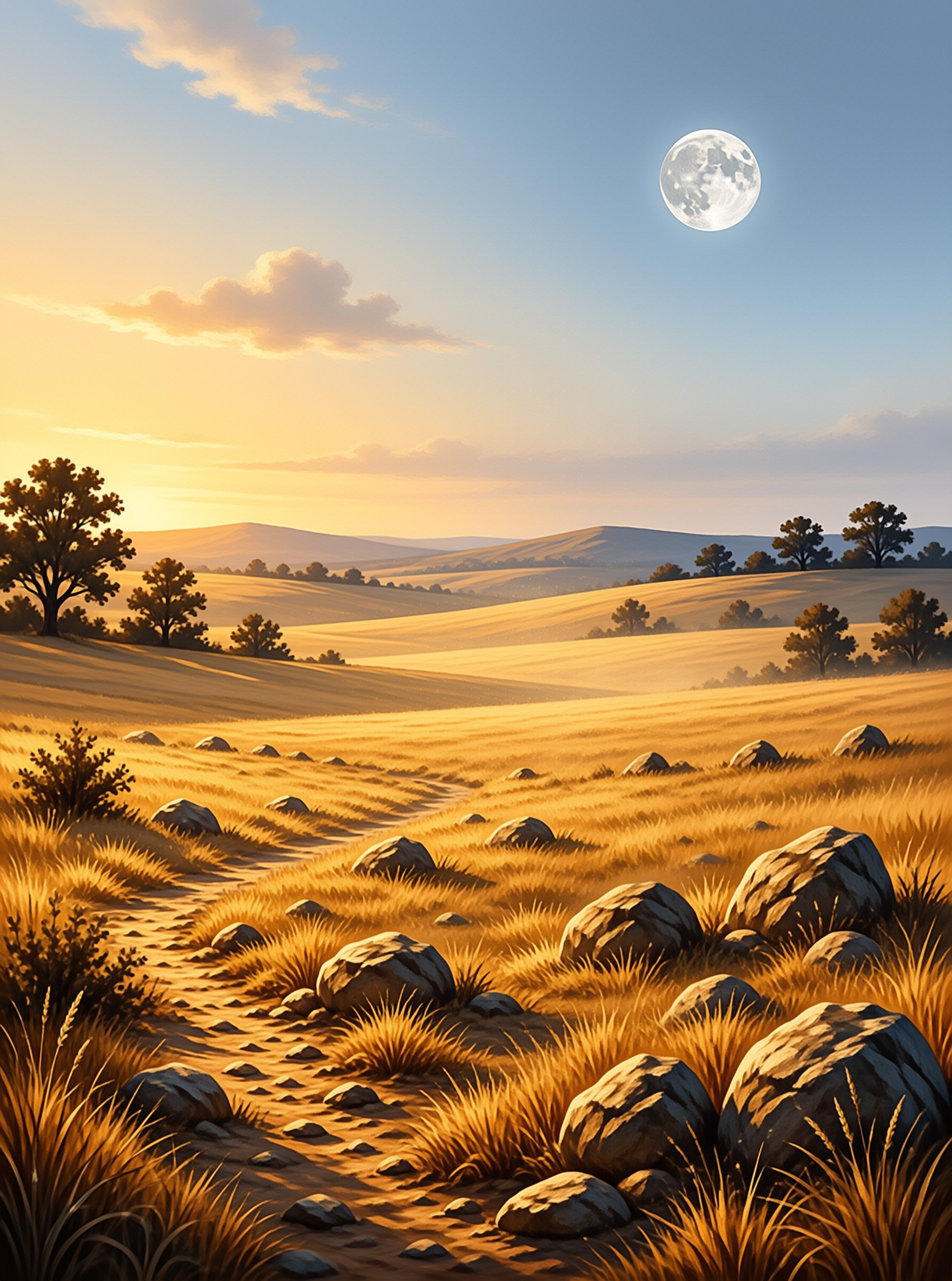 A dirt path winds through golden grasses and scattered rocks under a blue sky featuring a large full moon.