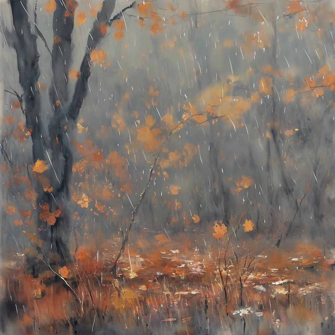Dark tree trunks and scattered orange leaves dissolve into grey mist as fine rain streaks down a wet autumn forest.