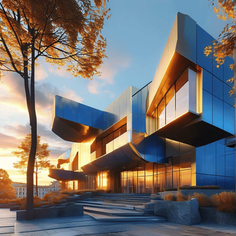 Futuristic Blue Building at Sunset