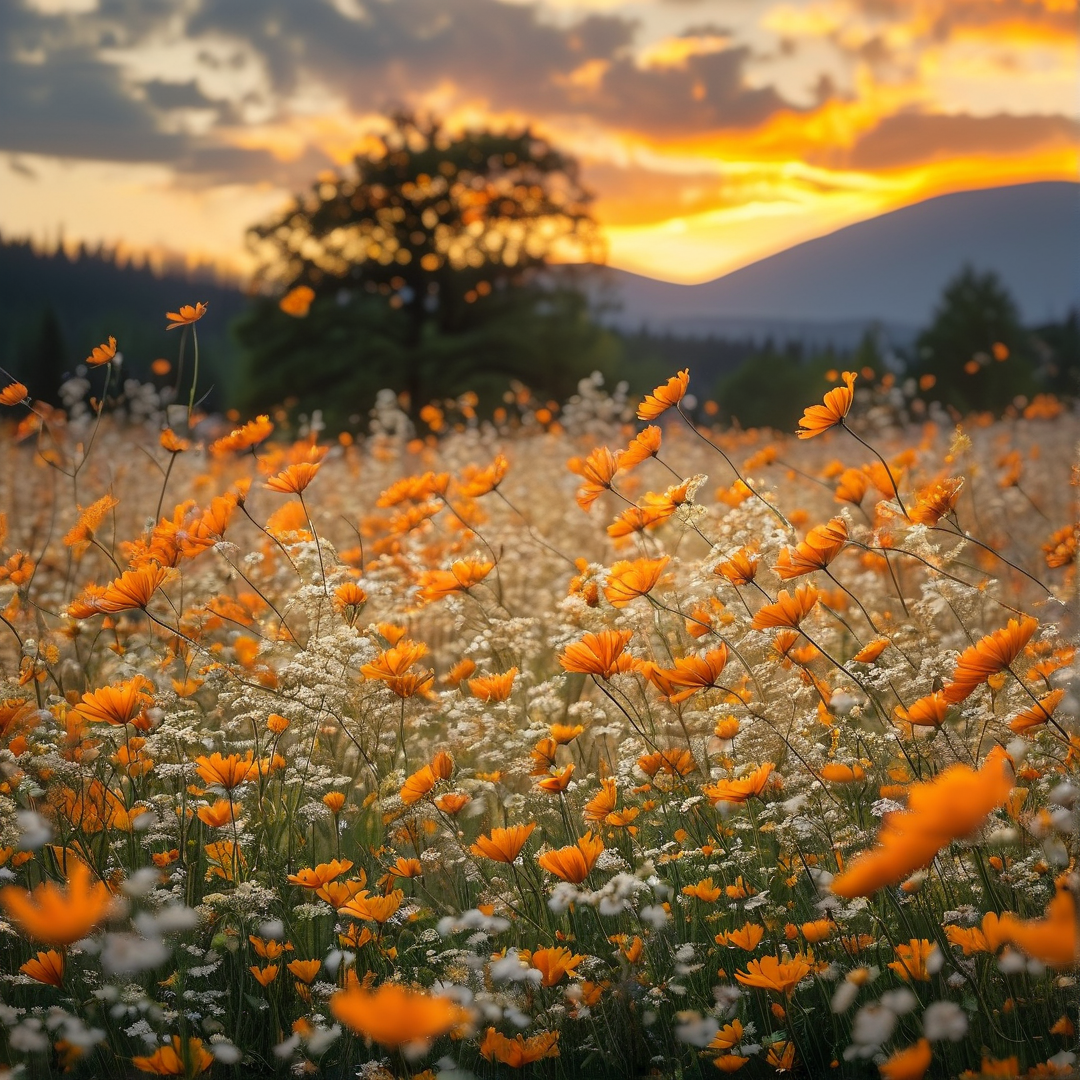Sunset Over Flower Field
