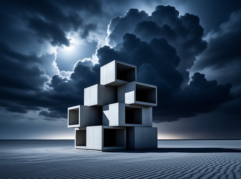Hollow concrete boxes stacked on a rippled salt flat under dramatic dark clouds with sunlight breaking through.