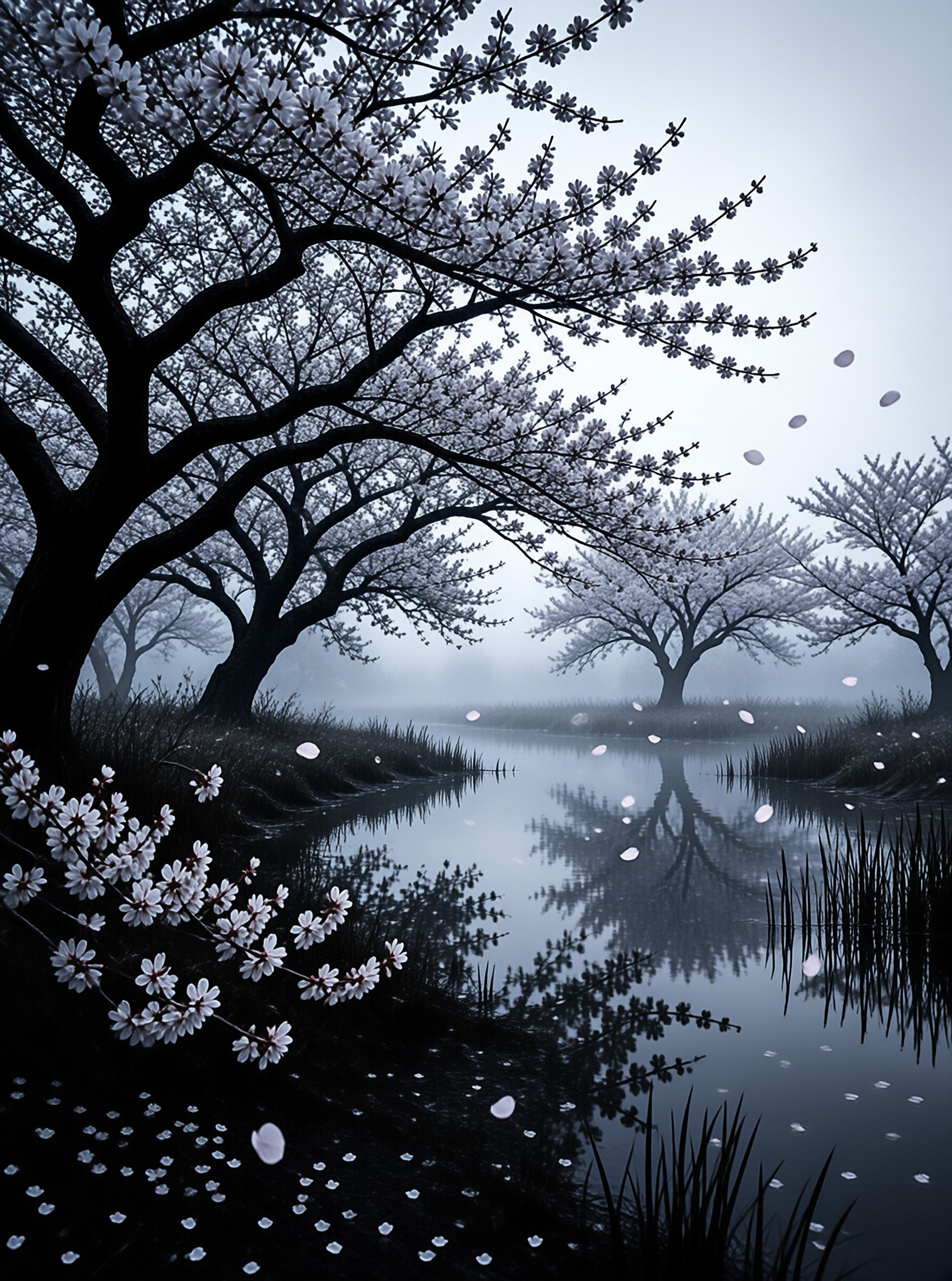 Dark silhouettes of flowering trees line a calm river where white petals drift on the surface under a foggy sky.