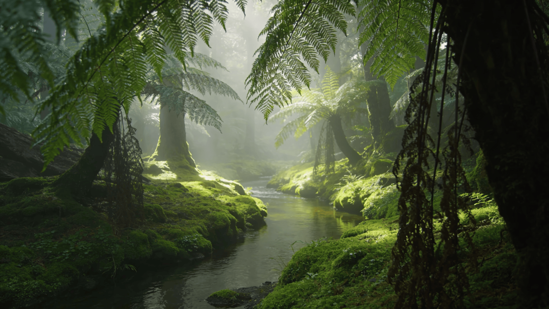 Tranquil Green Forest and Calm Stream