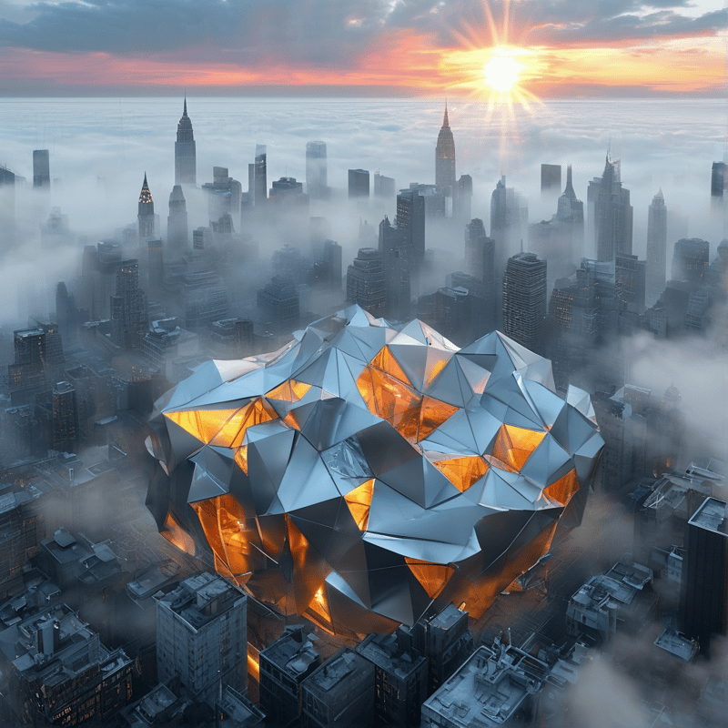 A low-poly mirrored sphere glows warm at its core while floating above a skyscraper skyline veiled in dawn fog