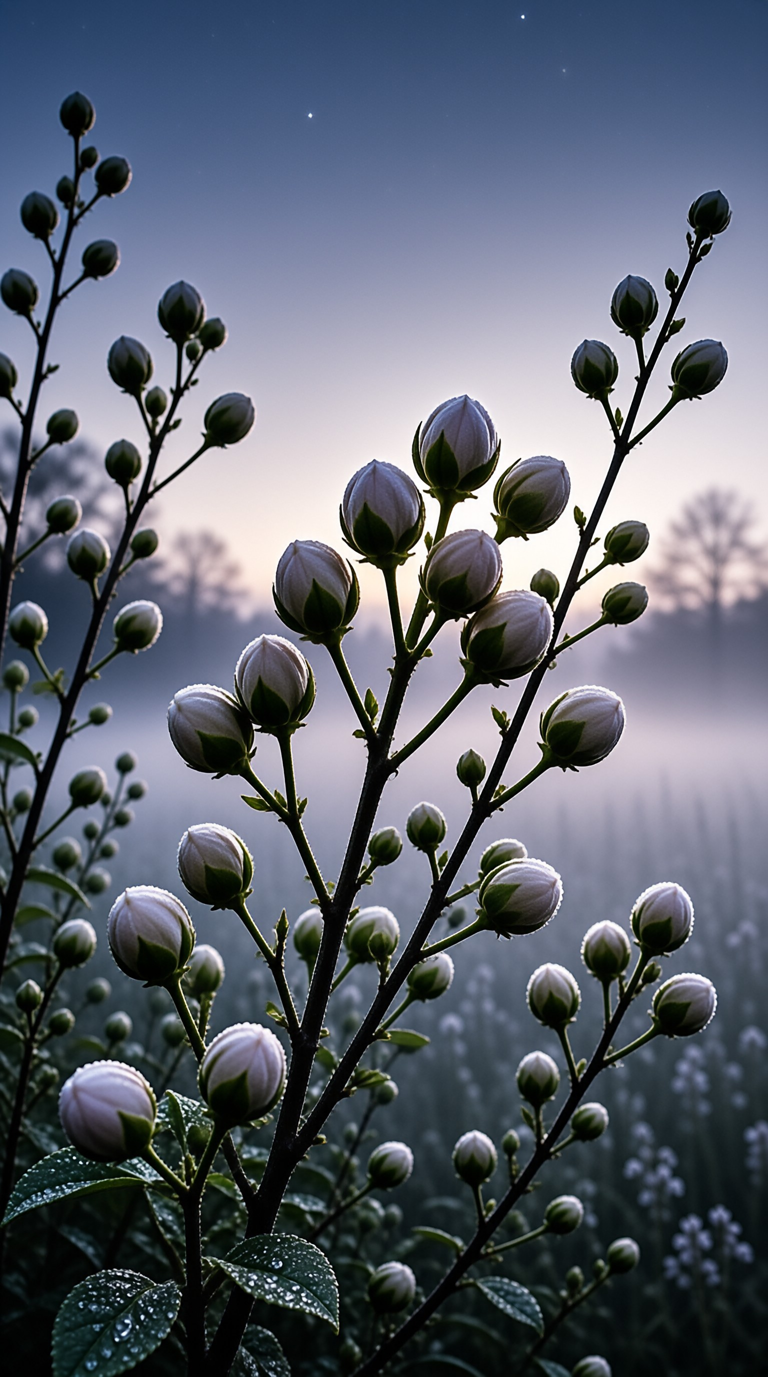 Dewy Tea Buds in Morning Mist