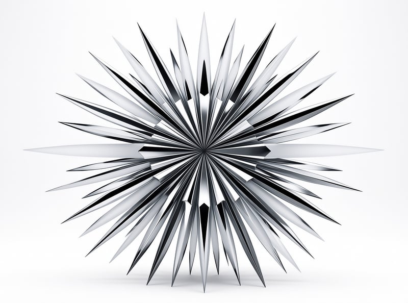A shiny metallic object with sharp spikes radiating from the center against a plain white surface.