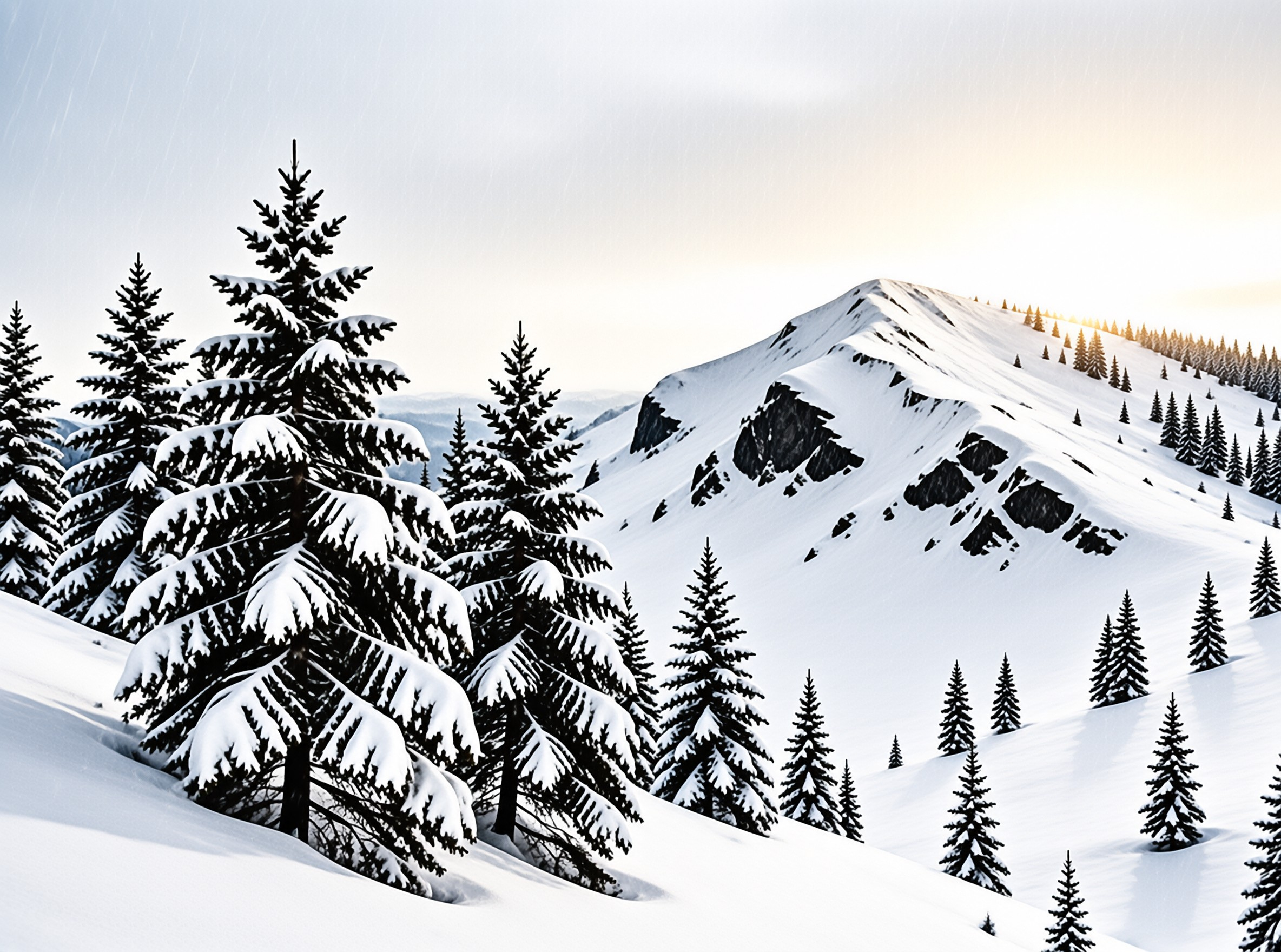 Heavy snow blankets coniferous trees in the foreground while a rugged peak rises in the background under soft light.