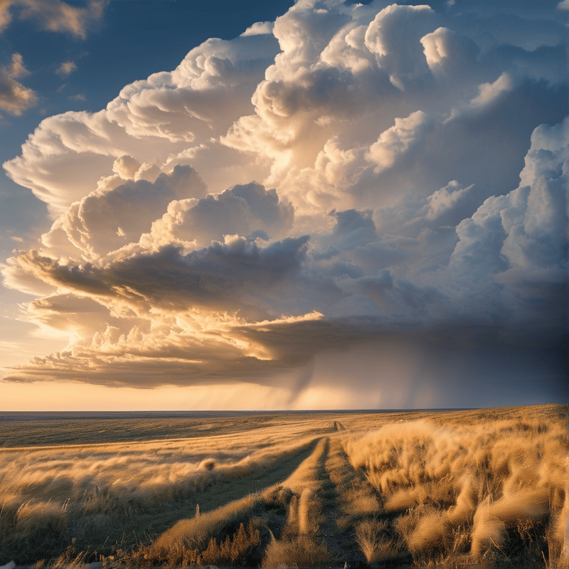Mature golden wheat fills an open field below massive sunset cumulus clouds with rain shafts streaking down to the horizon.