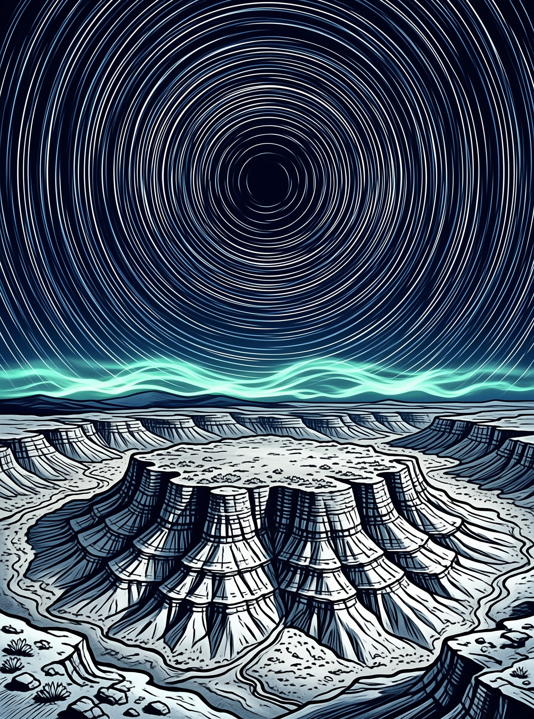A stylized illustration of a desert mesa under a night sky filled with concentric star trails and a green aurora.
