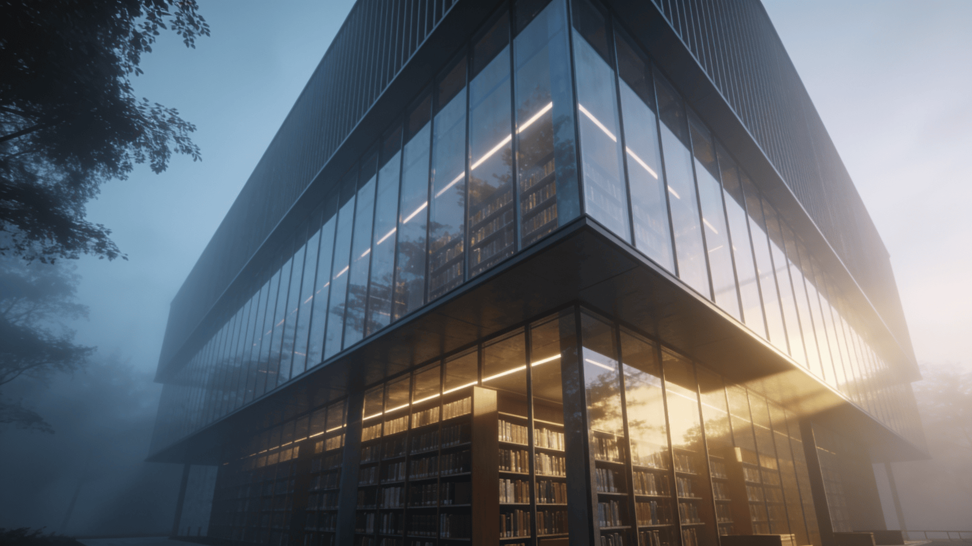 Library with Glass Curtain Wall — Foggy Morning