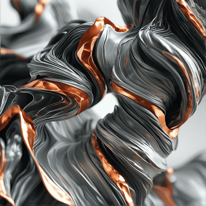 Abstract composition of glossy silver folds interwoven with copper strips under bright studio lighting.
