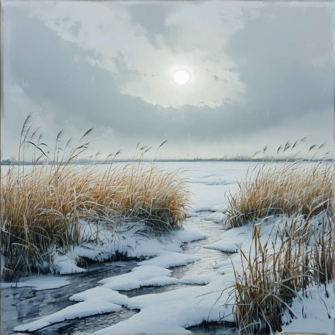 Sunlight breaks through clouds over a winter landscape of frosted tall grass along a partially frozen waterway.