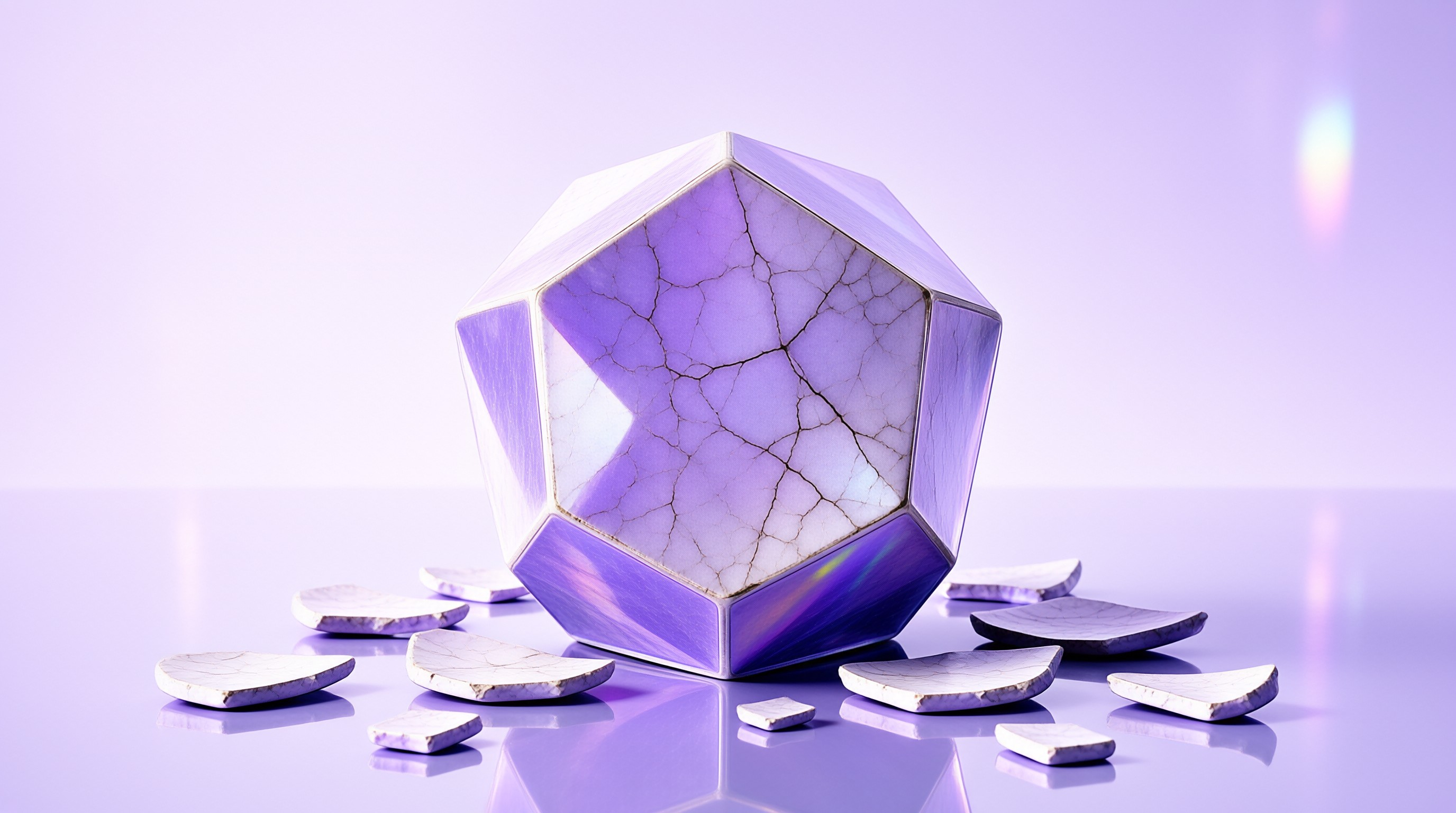 A glossy many sided solid with veined marble panels rests among broken shell fragments on a reflective lavender surface.