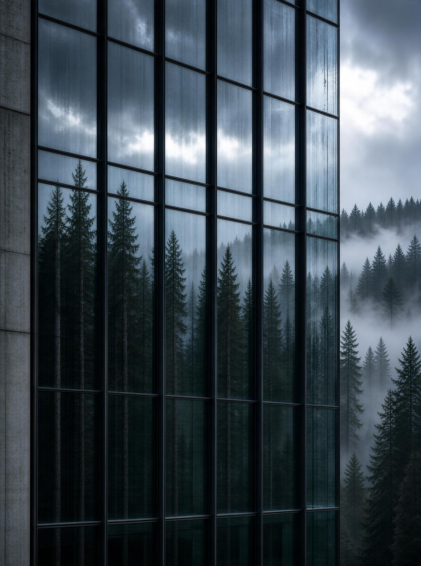 Glass Facade Reflecting Forest