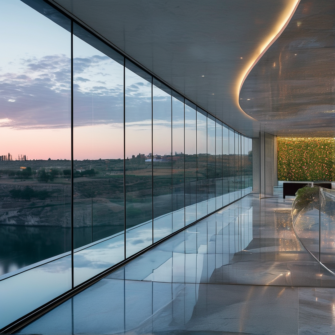 A full glass wall overlooks rolling hills at dusk, the pink sunset sky and land mirrored on the glossy floor.