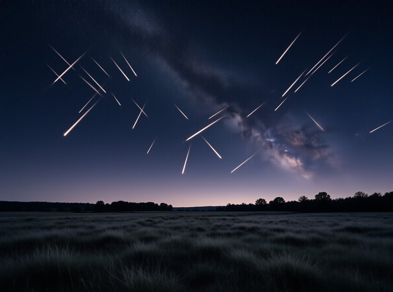 Meteor streaks cross a deep blue night sky above a dark grassy field and distant tree line during a meteor shower.