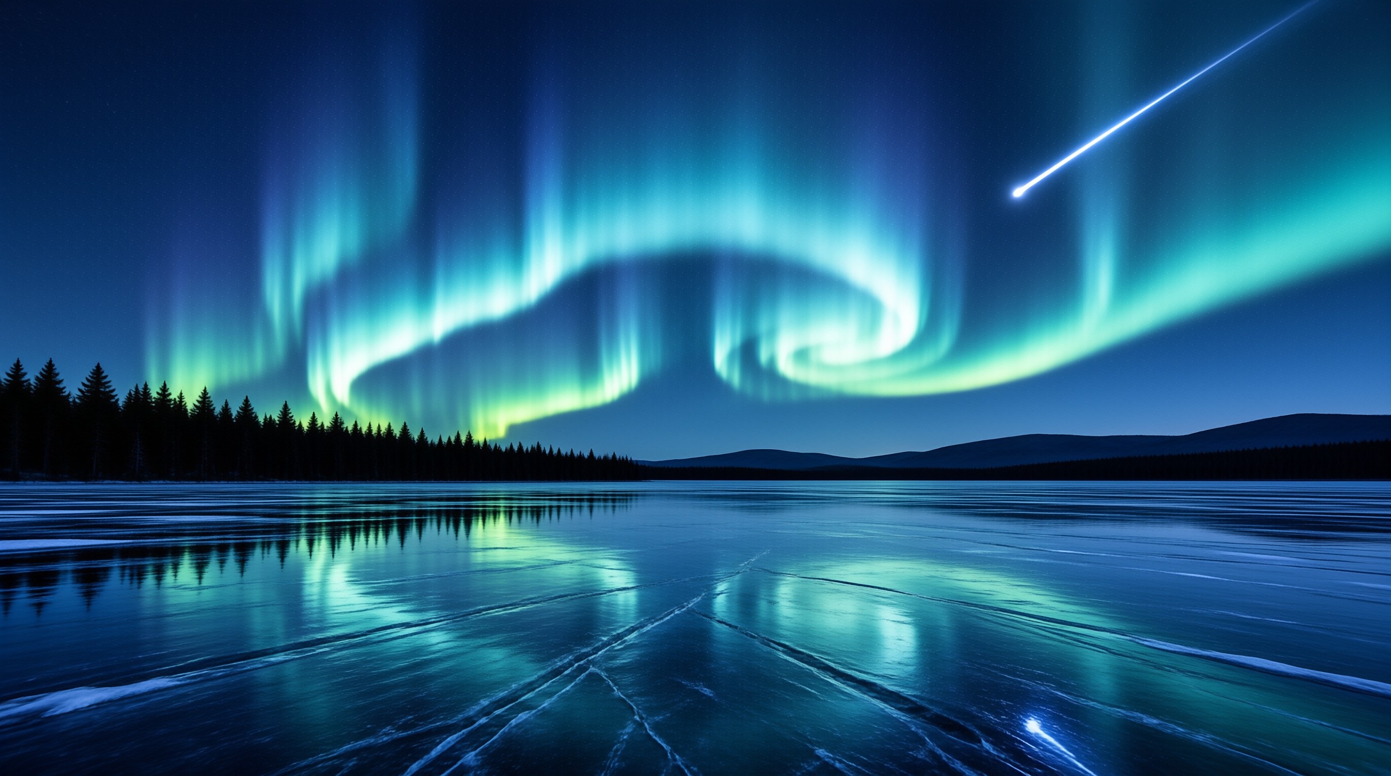 Green and blue northern lights swirl across a dark night sky above a silhouetted forest and a wide expanse of cracked frozen ice reflecting the celestial glow.