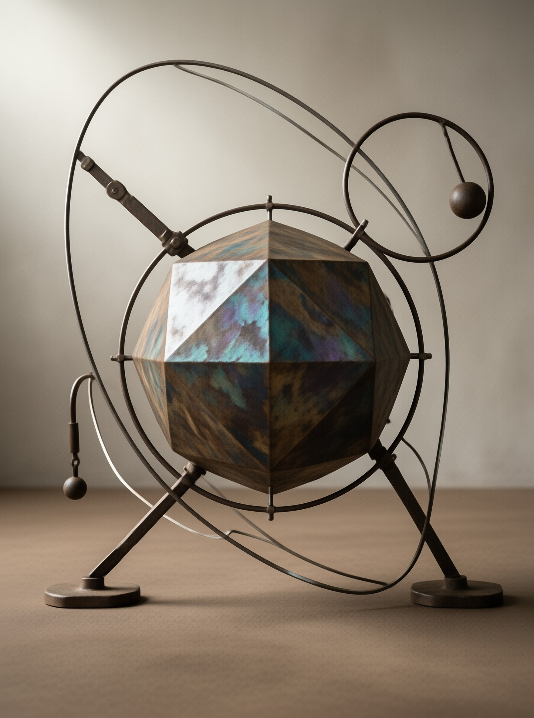 A colorful polyhedron is encased in a dark metal wire frame standing on a beige floor with soft shadows.