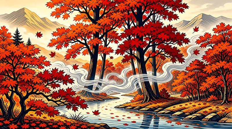 Bright red and orange maple trees line a meandering river winding through a misty autumn valley with sunlit mountain ranges behind
