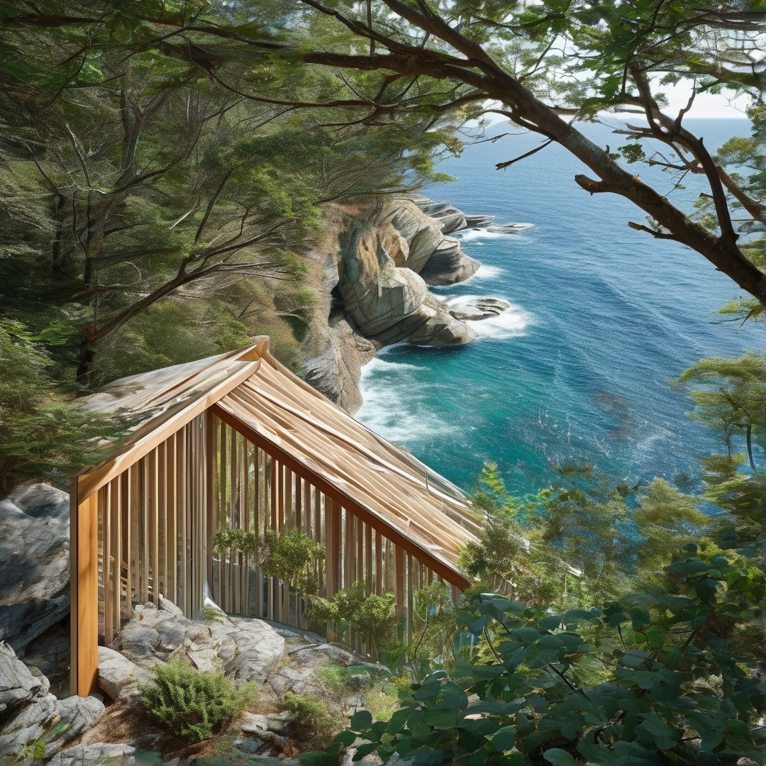A slatted timber structure sits atop rugged coastal rocks while turquoise waves crash below under bright sunlight.