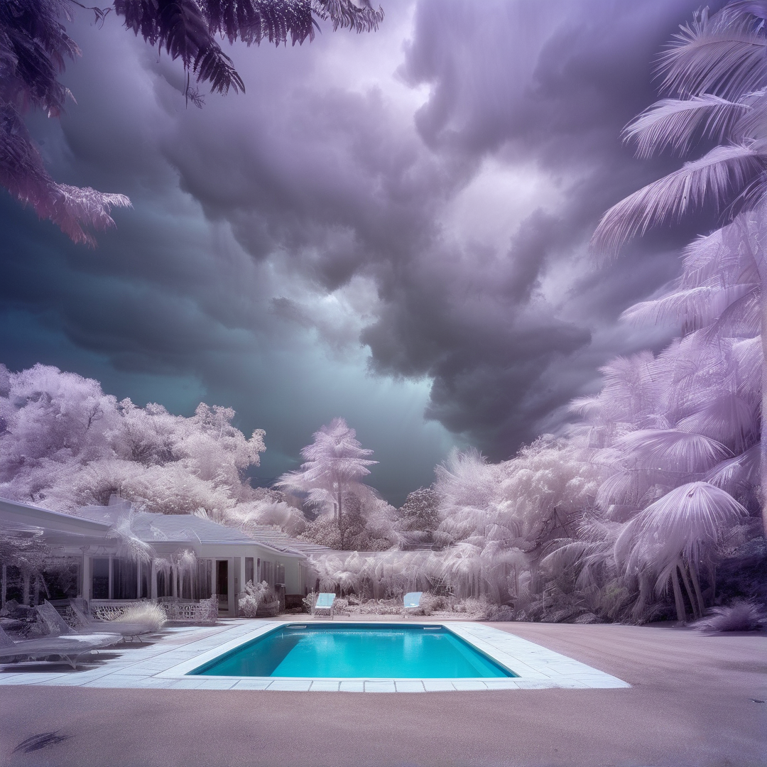 Bright blue pool surrounded by white tropical trees under heavy dark storm clouds.