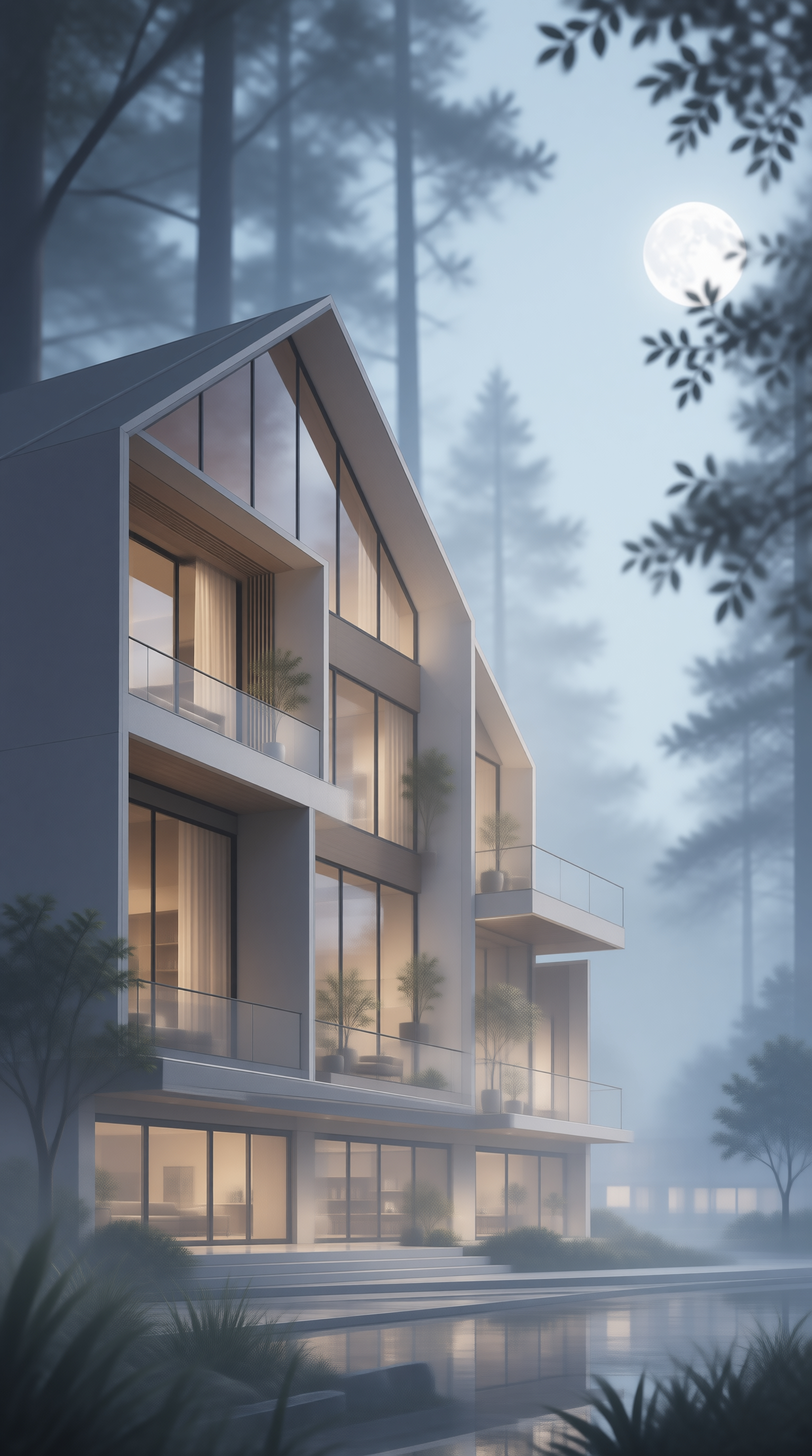 Modern House in Forest at Night
