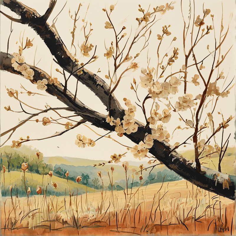 A dark tree branch with cream blossoms extends across rolling green and golden fields under a pale sky.
