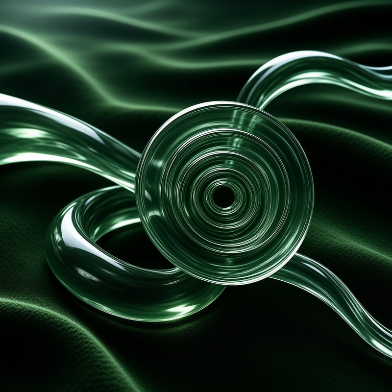 A polished green coiled glass spiral rests on dark emerald velvet, with soft light reflecting off its smooth glossy curved surfaces.