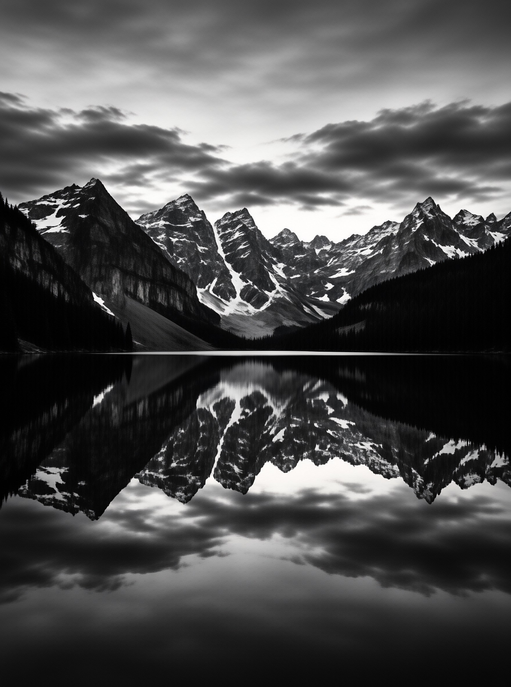 A monochromatic landscape capturing rugged snow-dusted peaks and clouds mirrored in the surface of a placid lake.