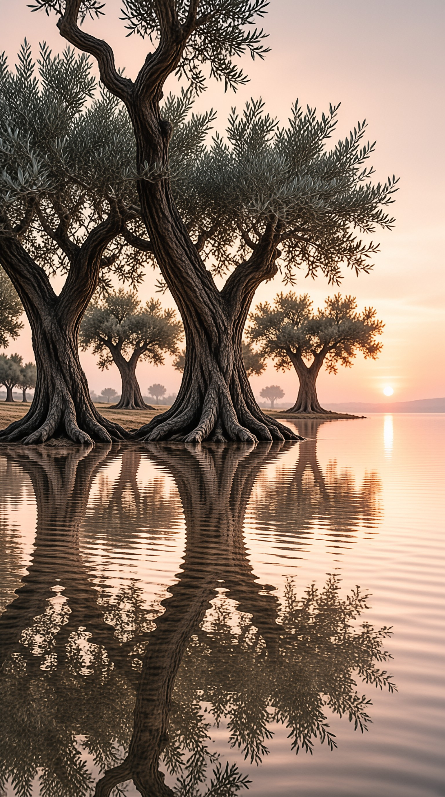 Ancient olive trees stand in shallow water with their reflections clearly visible during a soft pink sunset.