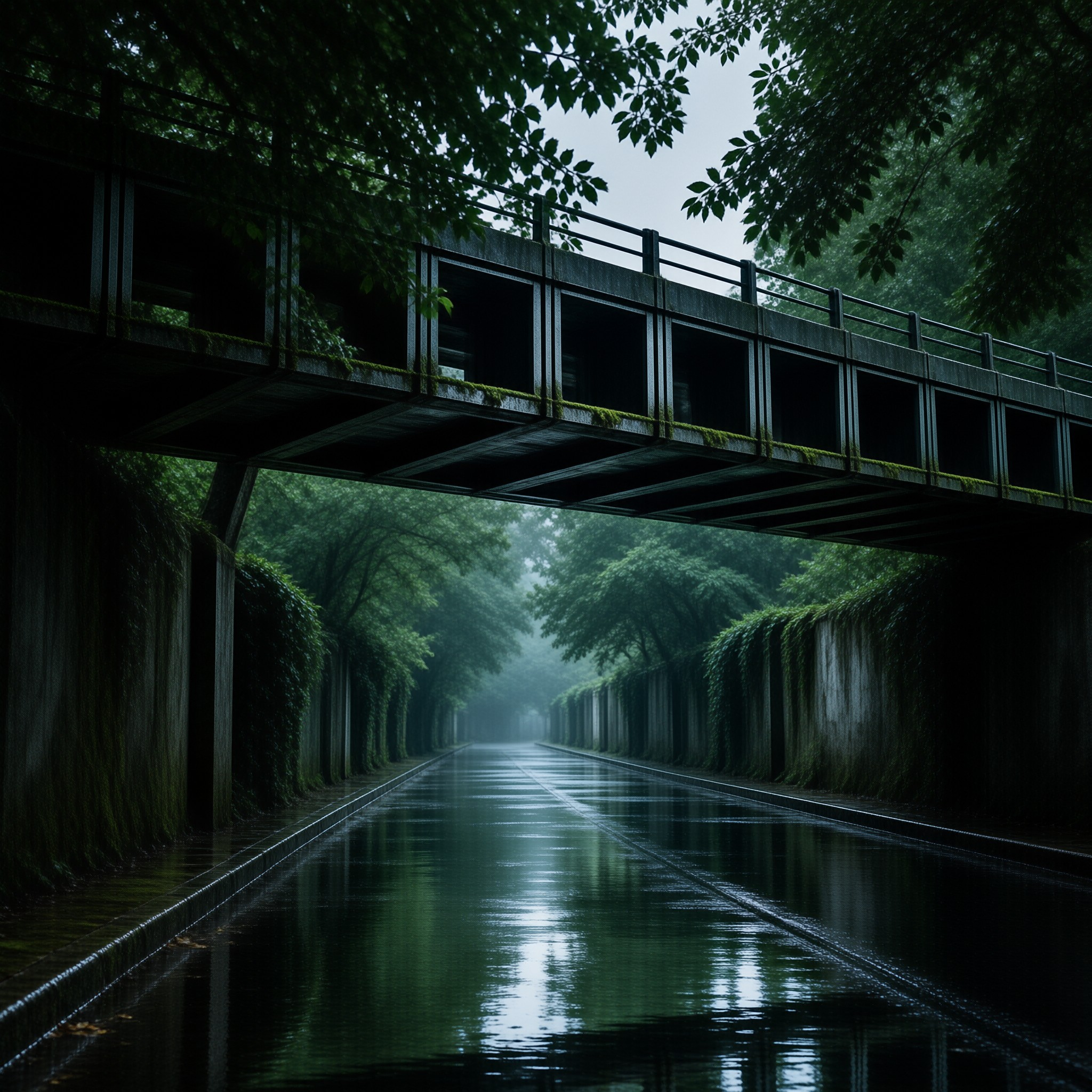 Misty Canal Under Bridge