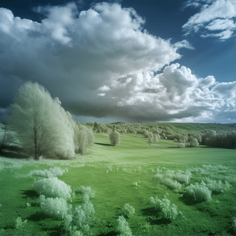 False color infrared scenery shows luminous white trees scattered across vivid green hills beneath a heavy blue sky.