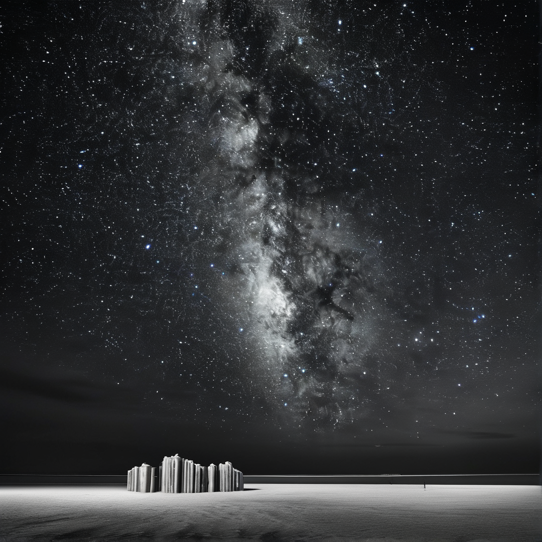 A black and white scene shows rock pillars on a flat plain beneath a bright Milky Way galaxy in the night sky.