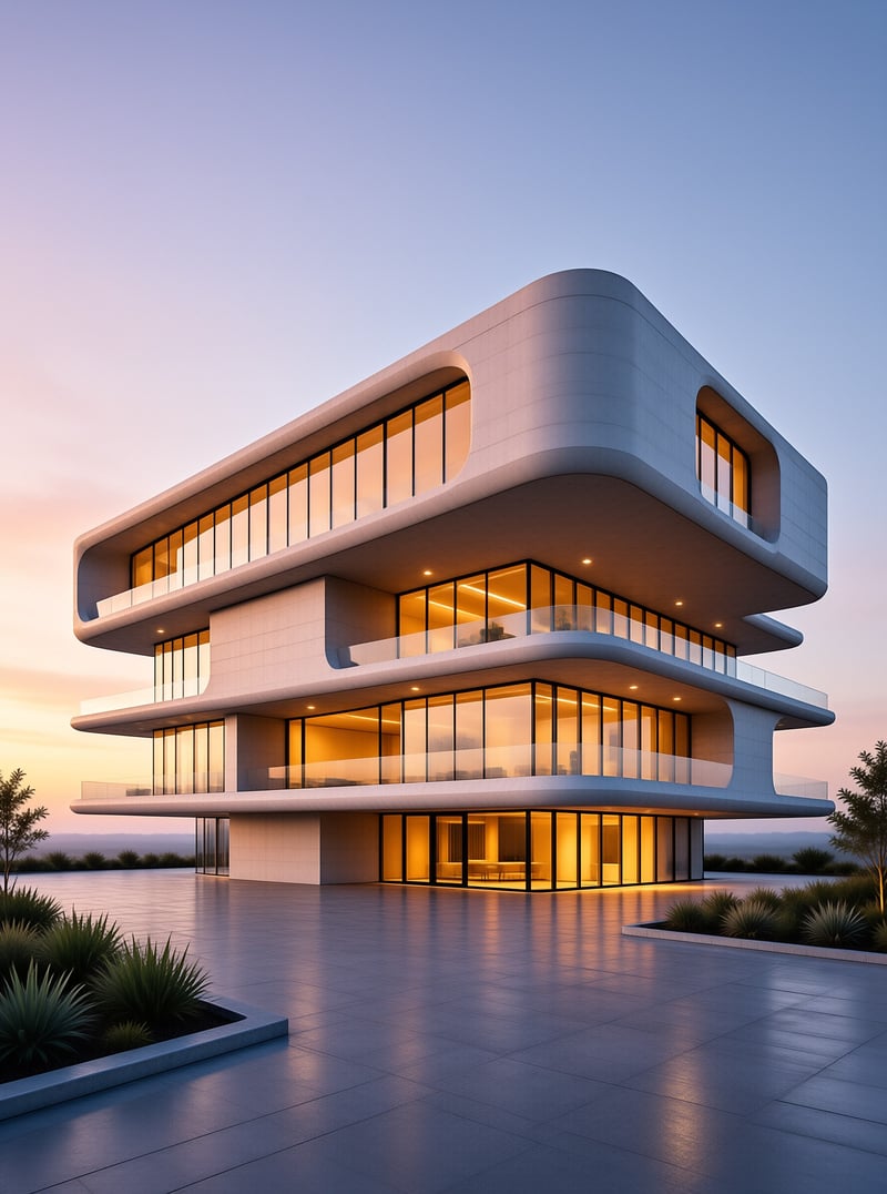 A sleek white contemporary structure stands on a paved patio surrounded by low green plants with large glass windows emitting warm yellow light against a gradient twilight sky
