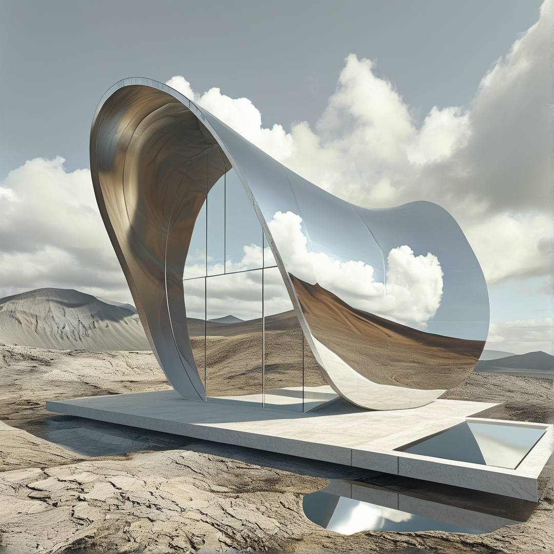 A futuristic metallic structure with curved reflections and glass walls sits on a cracked dry landscape under a cloudy sky.