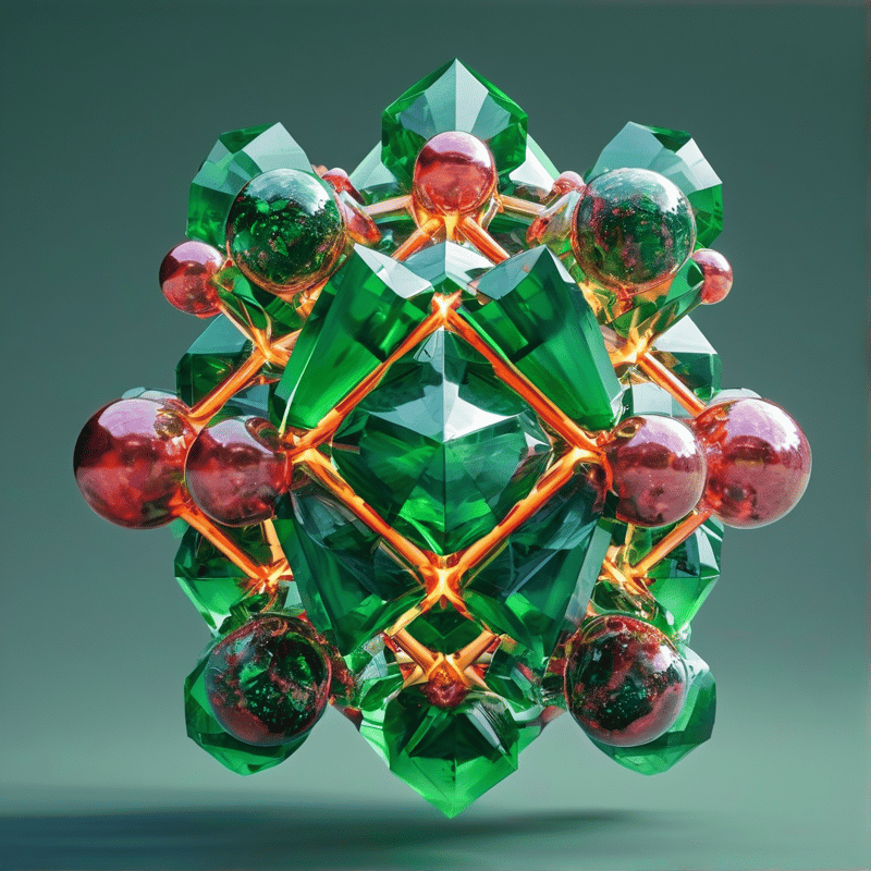 Symmetrical emerald crystal facets and red metallic spheres linked by gold rods on a teal gradient background