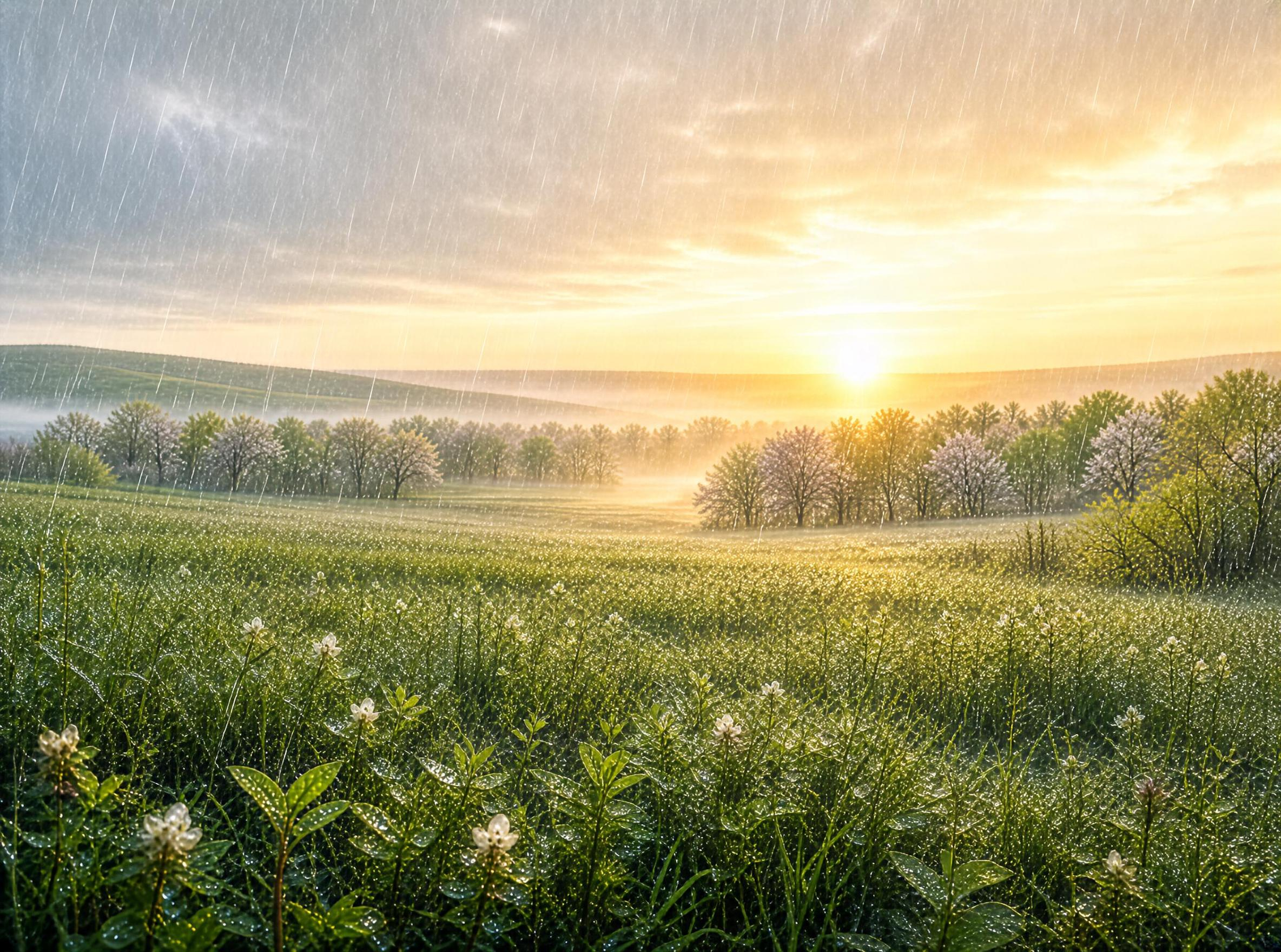 Rainy Sunset Over Fields