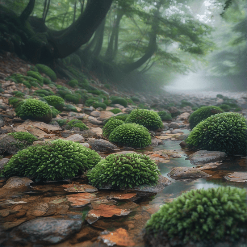 Green moss balls rest on rocks in a shallow river surrounded by foggy trees.
