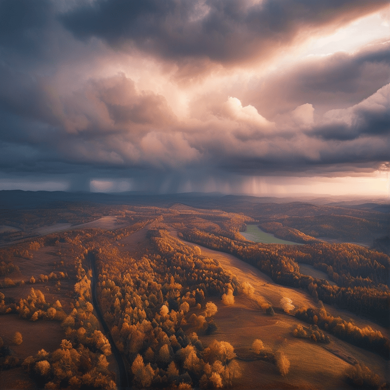 Aerial view of autumn hills with a winding path beneath dramatic clouds pierced by sunlight