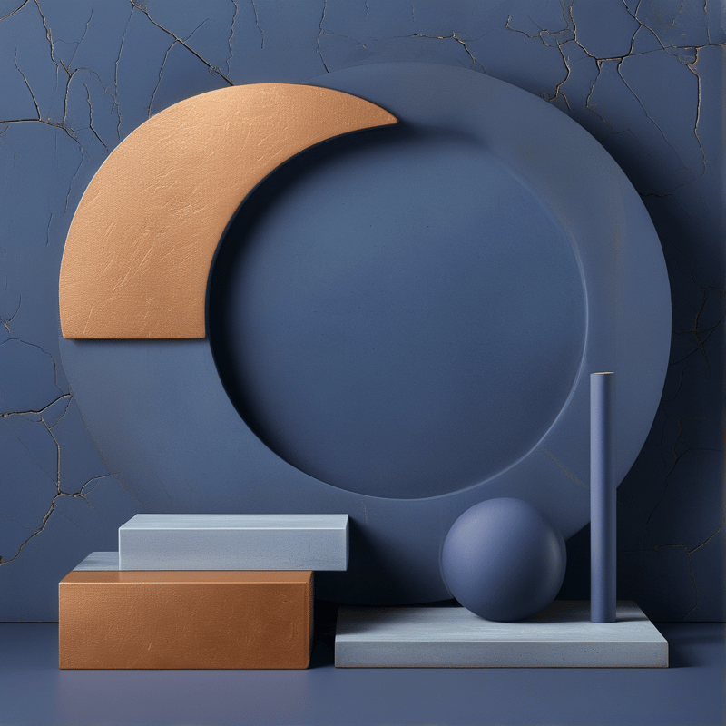 Minimal still life of matte blue and copper geometric solids arranged against a cracked slate wall.