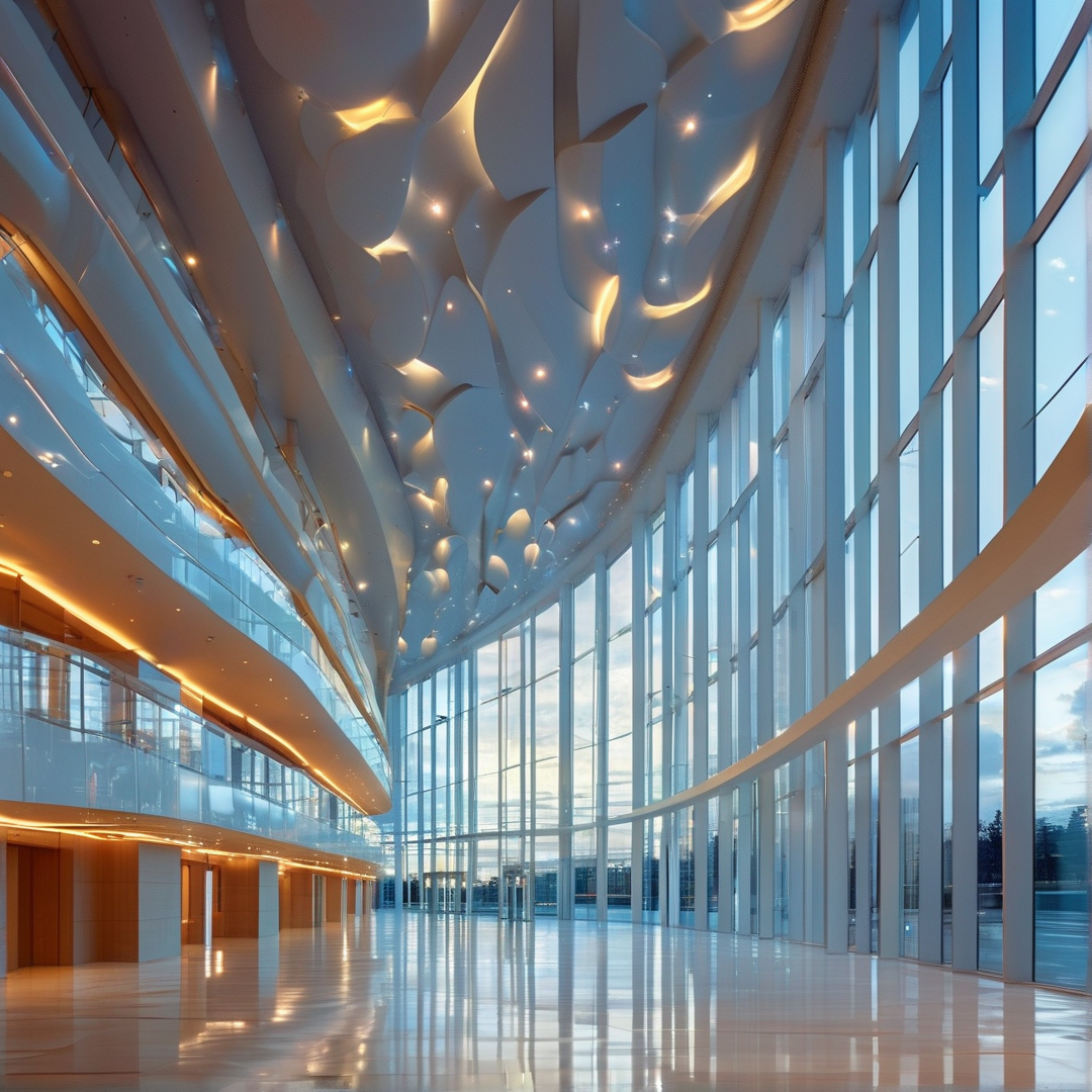 A spacious interior shows a curved ceiling with warm lights, glass walls, and reflective floors extending forward.