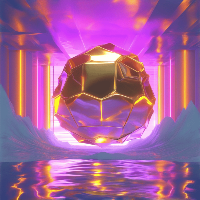 A faceted golden sphere hovers in a purple neon tunnel with vertical light beams reflecting off the water below.