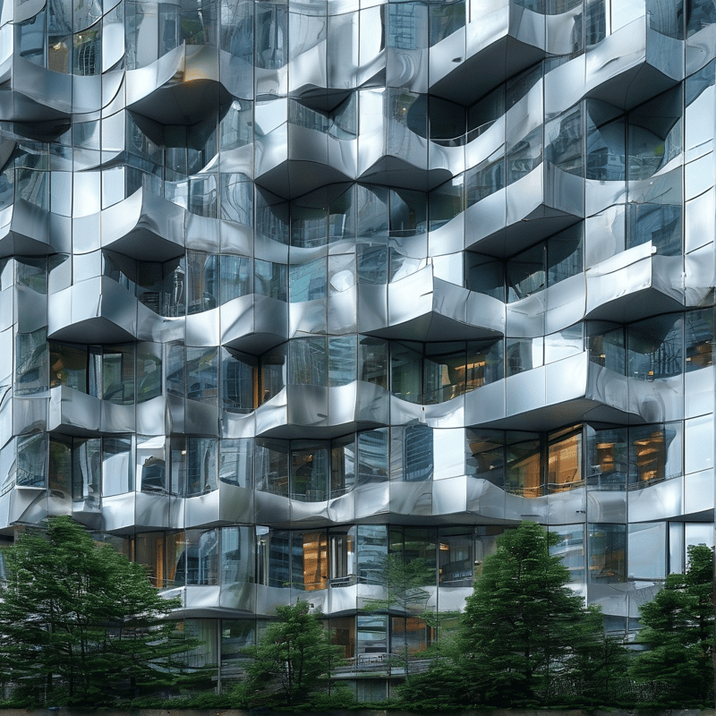 A deconstructivist building whose wavy mirrored panels and tilted windows fold light across its metallic surface.