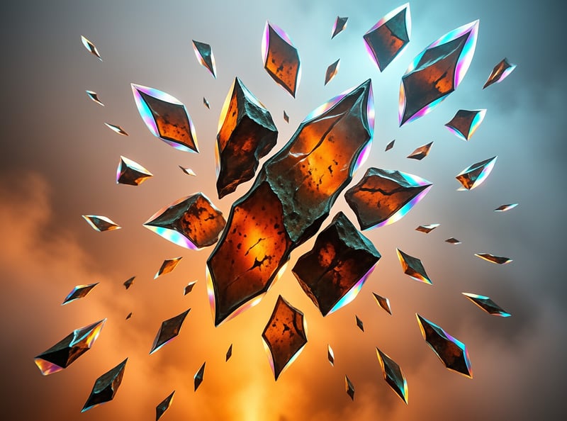 Dark jagged fragments burst outward with iridescent edges against a background fading from warm orange to cool grey.