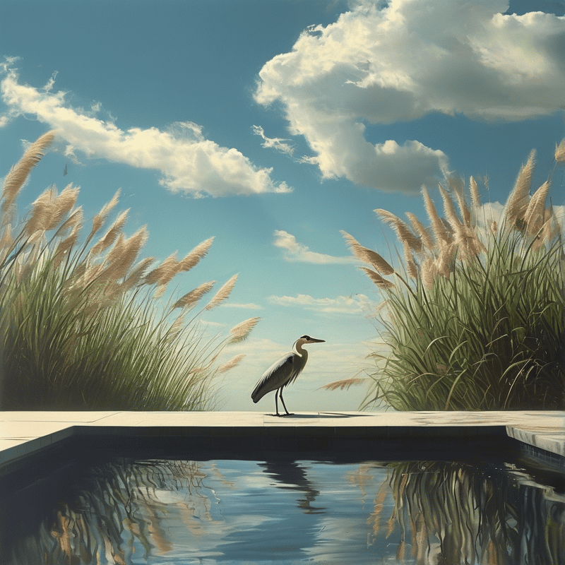 A grey heron stands on a concrete ledge beside a pool while tall reeds frame a bright blue sky with white clouds.